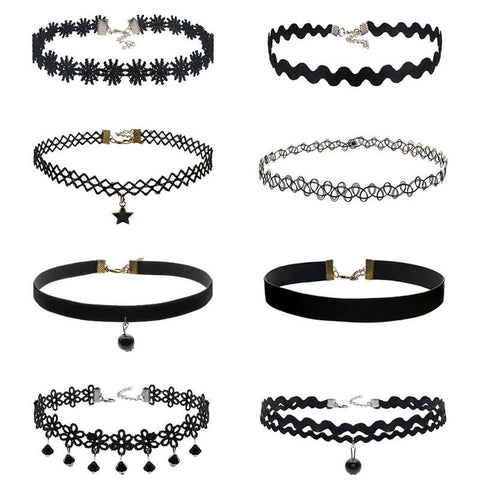 8 Pieces Choker Necklace Set Stretch Velvet Classic Gothic Tattoo Lace Choker - RaysJewelry&more