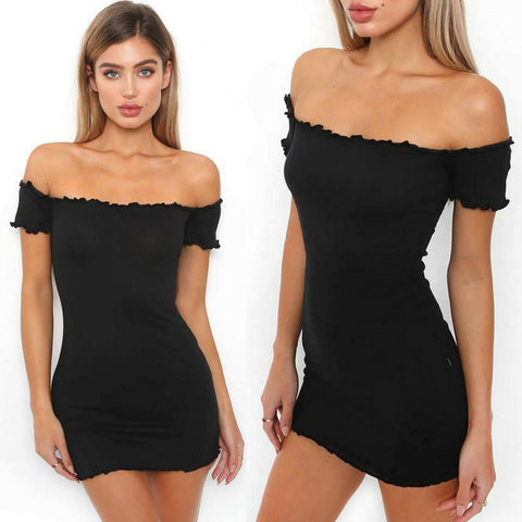 Womens Off Shoulder Mini Dress Ladies Short Sleeve Crimping Party Dress - RaysJewelry&more