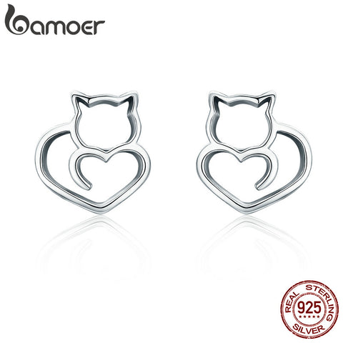 BAMOER Hot Sale Authentic 925 Sterling Silver Cute Cat Small Stud Earrings for Women Fashion Sterling Silver Jewelry SCE271 - RaysJewelry&more