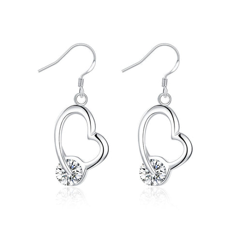 18K White Gold Plated Heart Shaped Drop Earring with Crystal Stone
