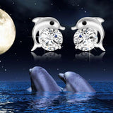 Lovely Crystal Eye Dolphin CZ Stud Earrings Women Sterling Silver Jewelry - RaysJewelry&more