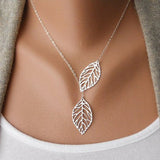 Womens Girls Simple Metal Double Leaf Pendant Alloy Choker Necklace SL - RaysJewelry&more