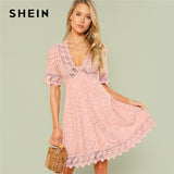 SHEIN Pink Vacation Boho Bohemian Beach Contrast Lace Trim Eyelet Embroidered High Waist V Neck Dress Summer Women Casual Dress - RaysJewelry&more