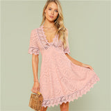 SHEIN Pink Vacation Boho Bohemian Beach Contrast Lace Trim Eyelet Embroidered High Waist V Neck Dress Summer Women Casual Dress - RaysJewelry&more
